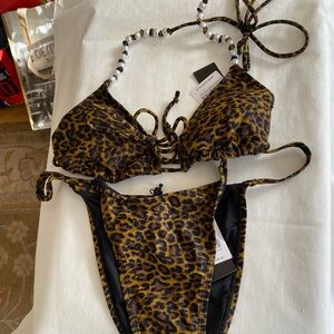Kendall & Kylie Leopard Print 2PC Bikini w/metal beaded embellishments Top L NWT
